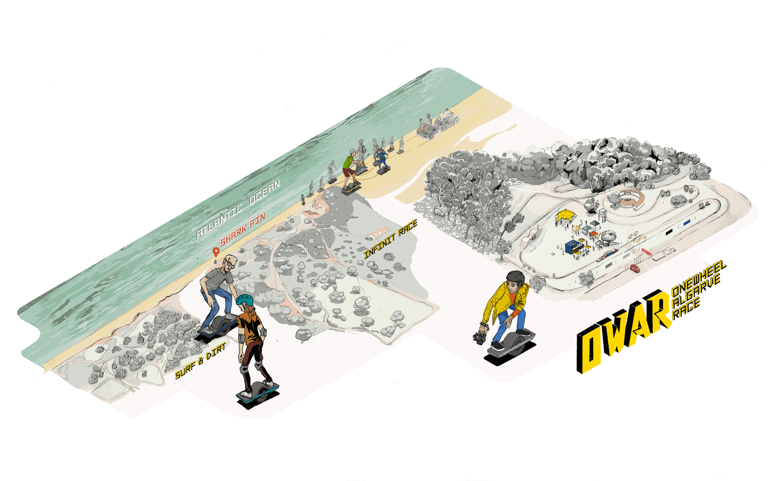 Illustrated map of the OWA Race Track, beach and surrounding trails