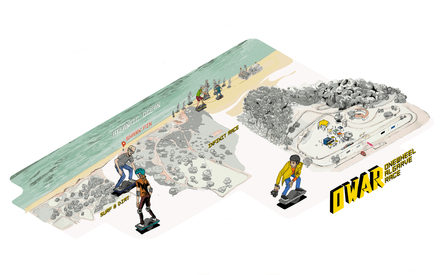 Ilustração · o recinto: oceano, Shark Fin, Surf & Dirt, Infinit Race e a pista